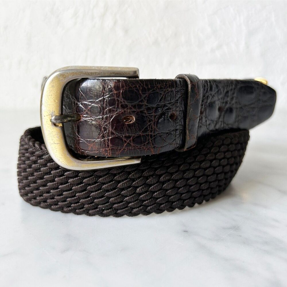 Hickok Brown Genuine Alligator/Woven Fabric Belt-Brass Buckle & Links-Men's SM